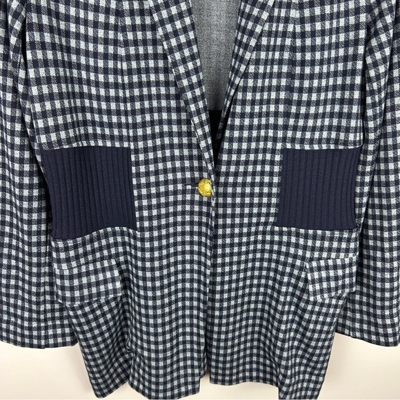 Cabi Checkup Gingham Longline Gold Button Blazer Jacket Medium Navy - Picture 5 of 14